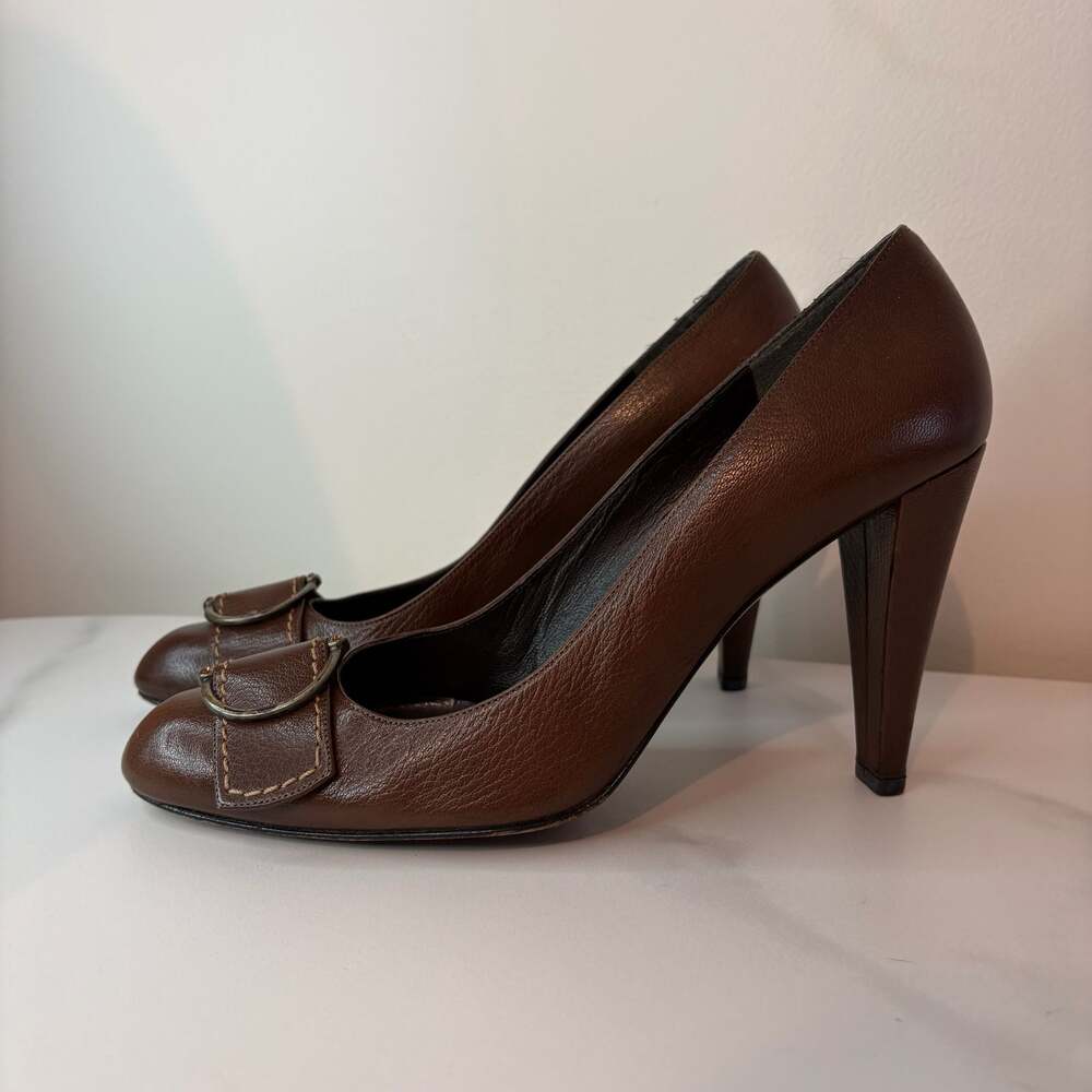 Stuart Weitzman Women's Brown Leather Pumps with Buckle Accent and Block Heel